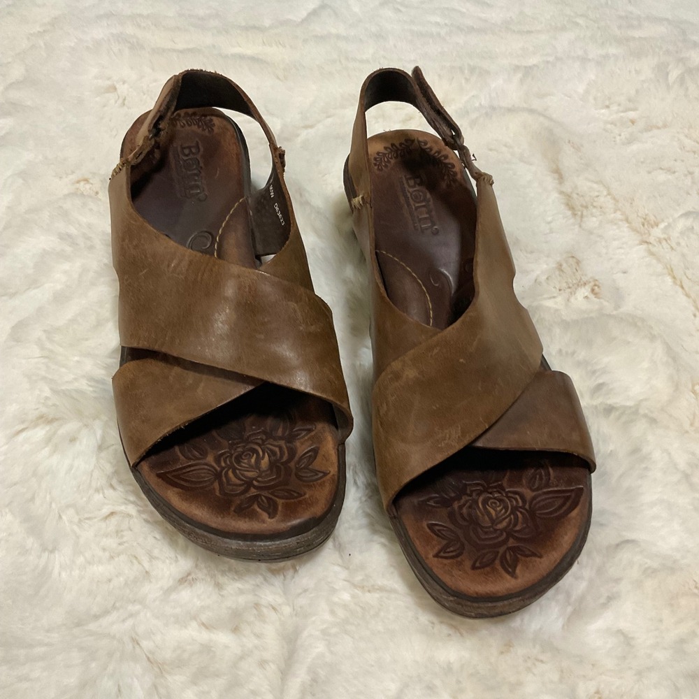 Born Sandals Size 8 39 Wedge Brown Leather Womens Emmy Criss Cross